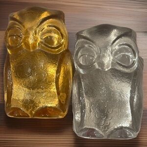 VTG Set of Nachtmann Lead Crystal Glass Owl Paperweights in Amber/Clear